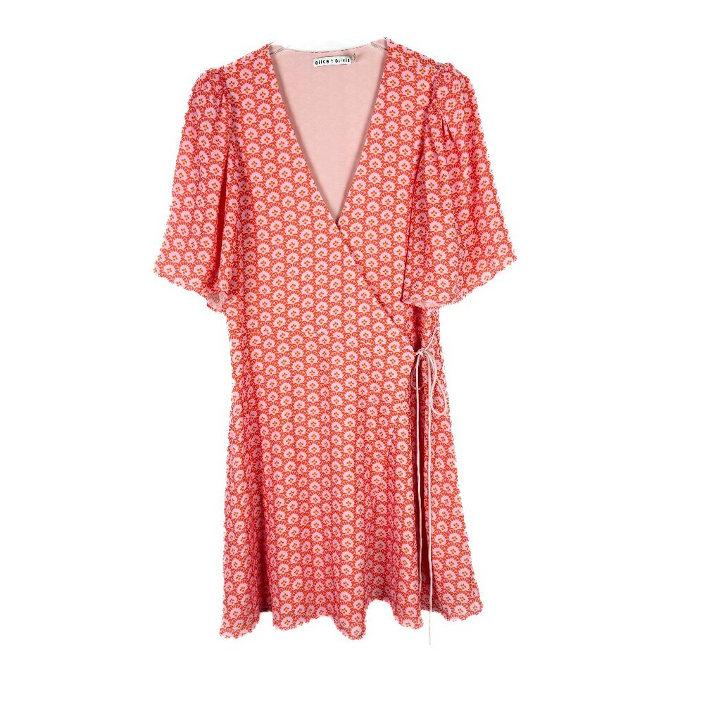 Alice + Olivia Sandra Angel Sleeve Wrap Dress Stamp English Rose Size 10 EUC